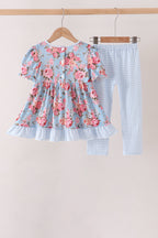 Blue rose floral ruffle pants set