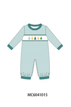 Green Christmas Tree Embroidery Stripe Romper