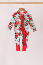 Red Floral Ruffle Zip Bamboo Romper