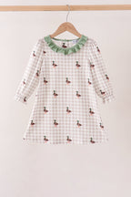 Green Duck Embroidery Gingham Dress