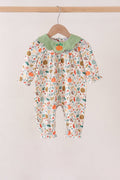 Fall pumpkin embroidery leaves romper