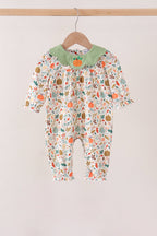 Fall pumpkin embroidery leaves romper