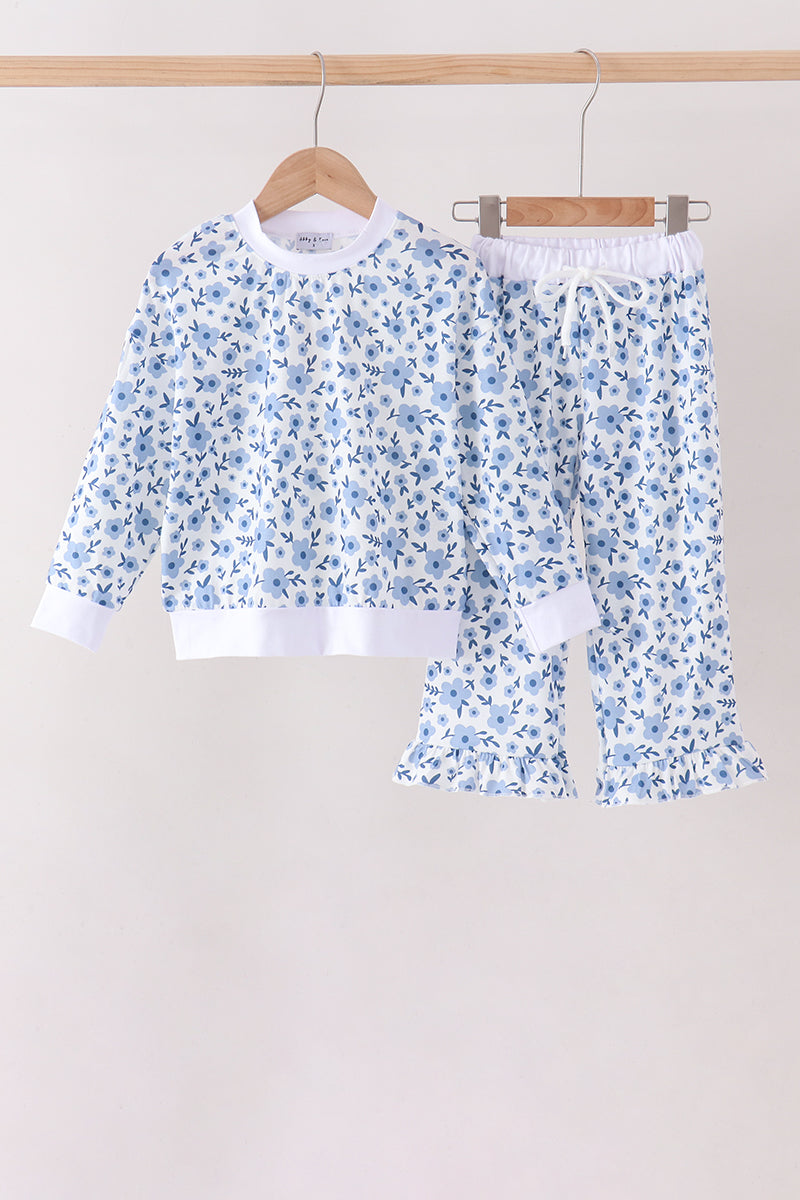 Blue ditsy floral print pants set