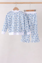 Blue ditsy floral print pants set