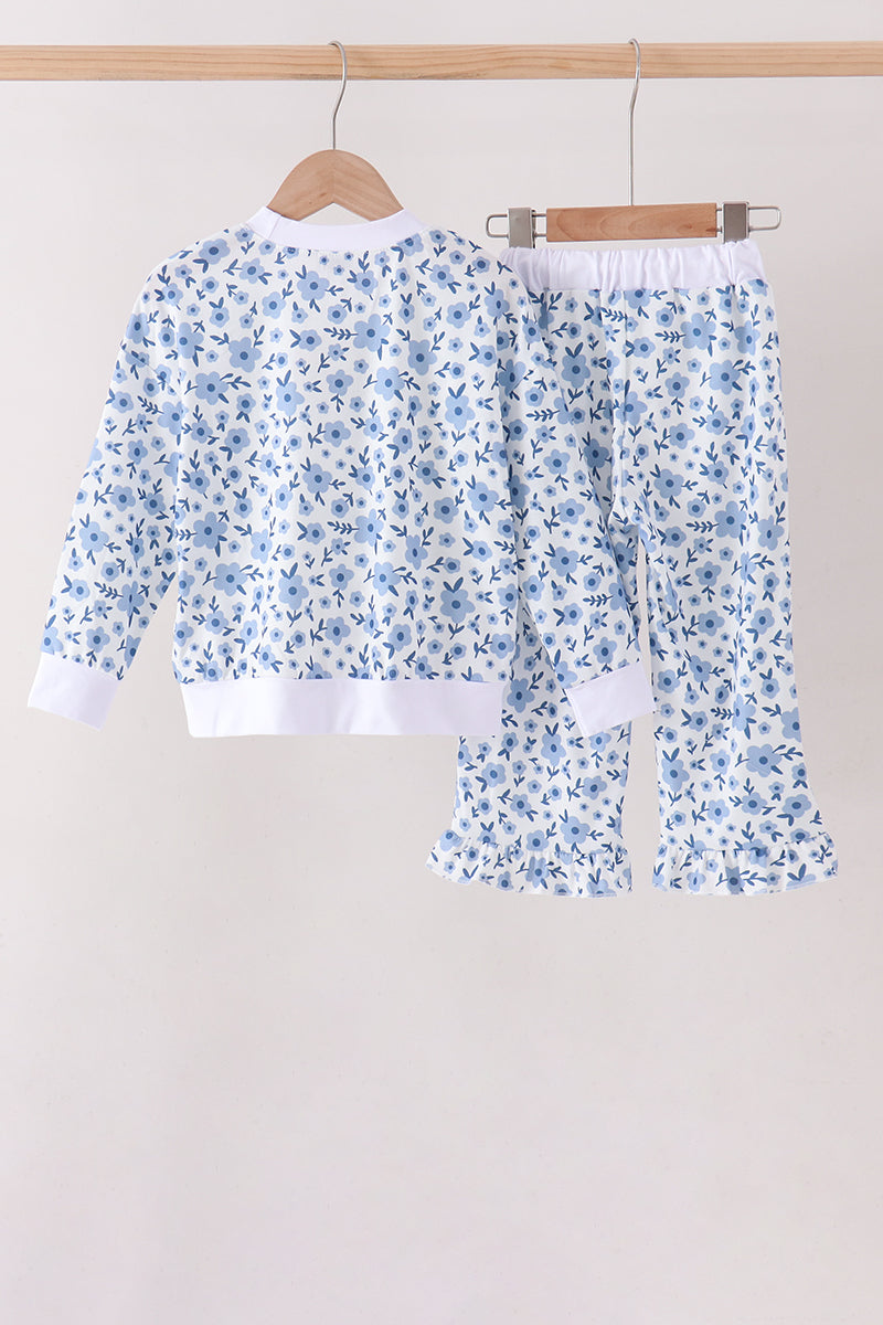 Blue ditsy floral print pants set