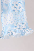 Blue floral bow checkered mom&me pants set