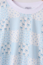 Blue floral bow checkered mom&me pants set