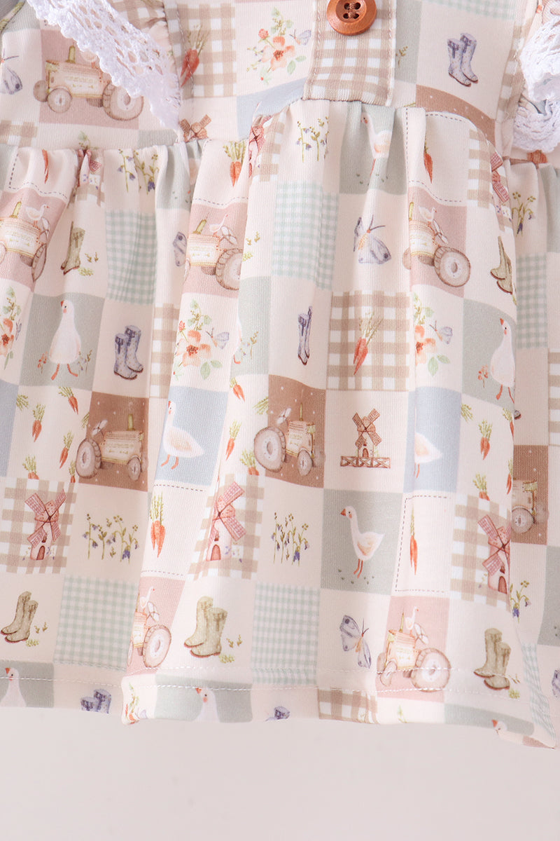 Khaki farm checkered ruffle bloomer set
