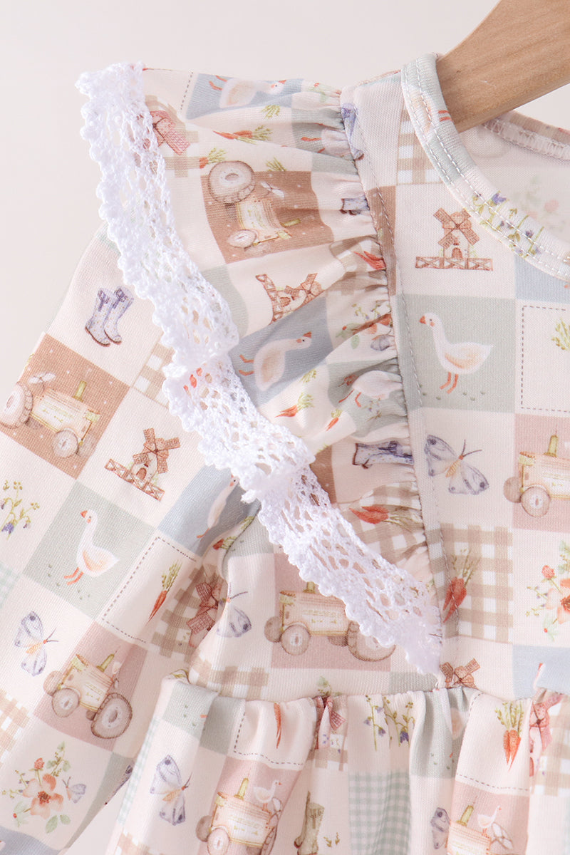 Khaki farm checkered ruffle bloomer set