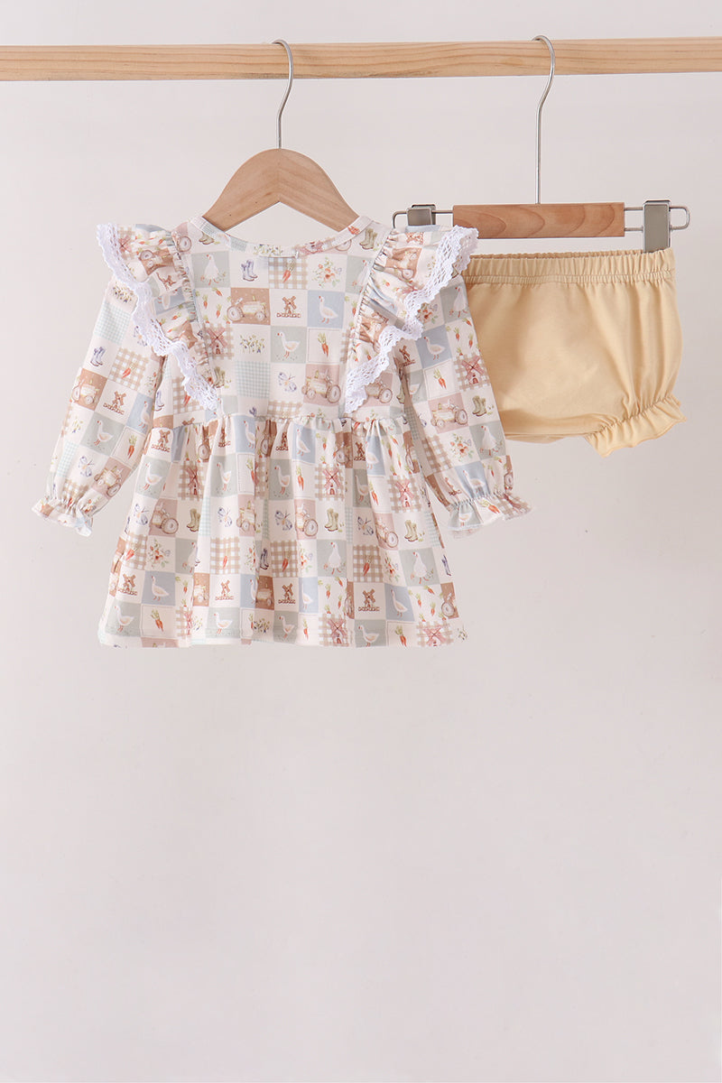 Khaki farm checkered ruffle bloomer set