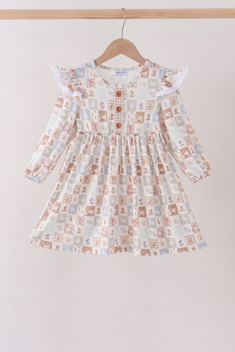 Khaki farm checkered ruffle dress