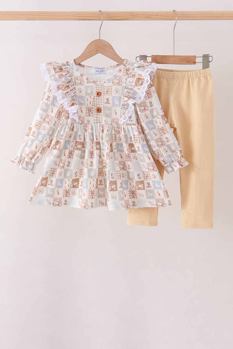 Khaki farm checkered ruffle pants set