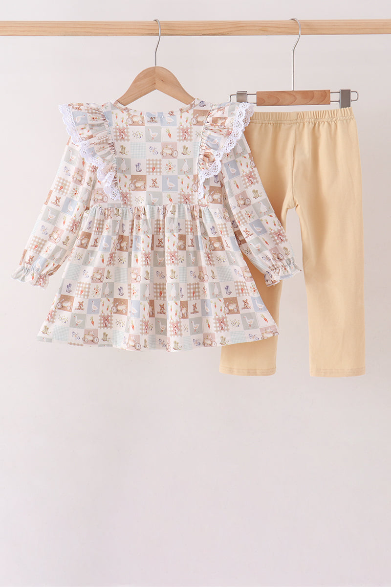 Khaki farm checkered ruffle pants set