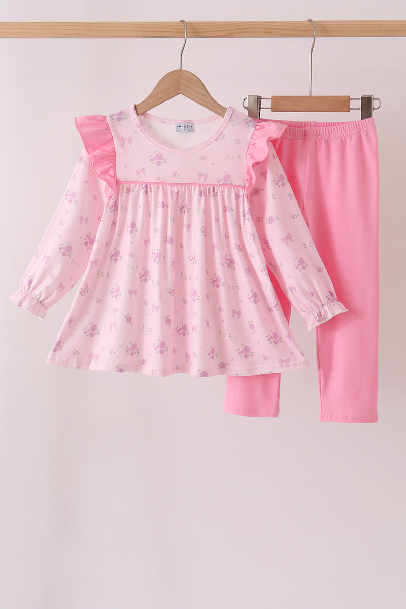 Pink floral bow ruffle pants set