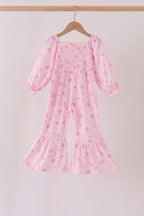 Pink Floral Bow Smocked Jumpsuit