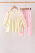 Cream smocked bow pants set