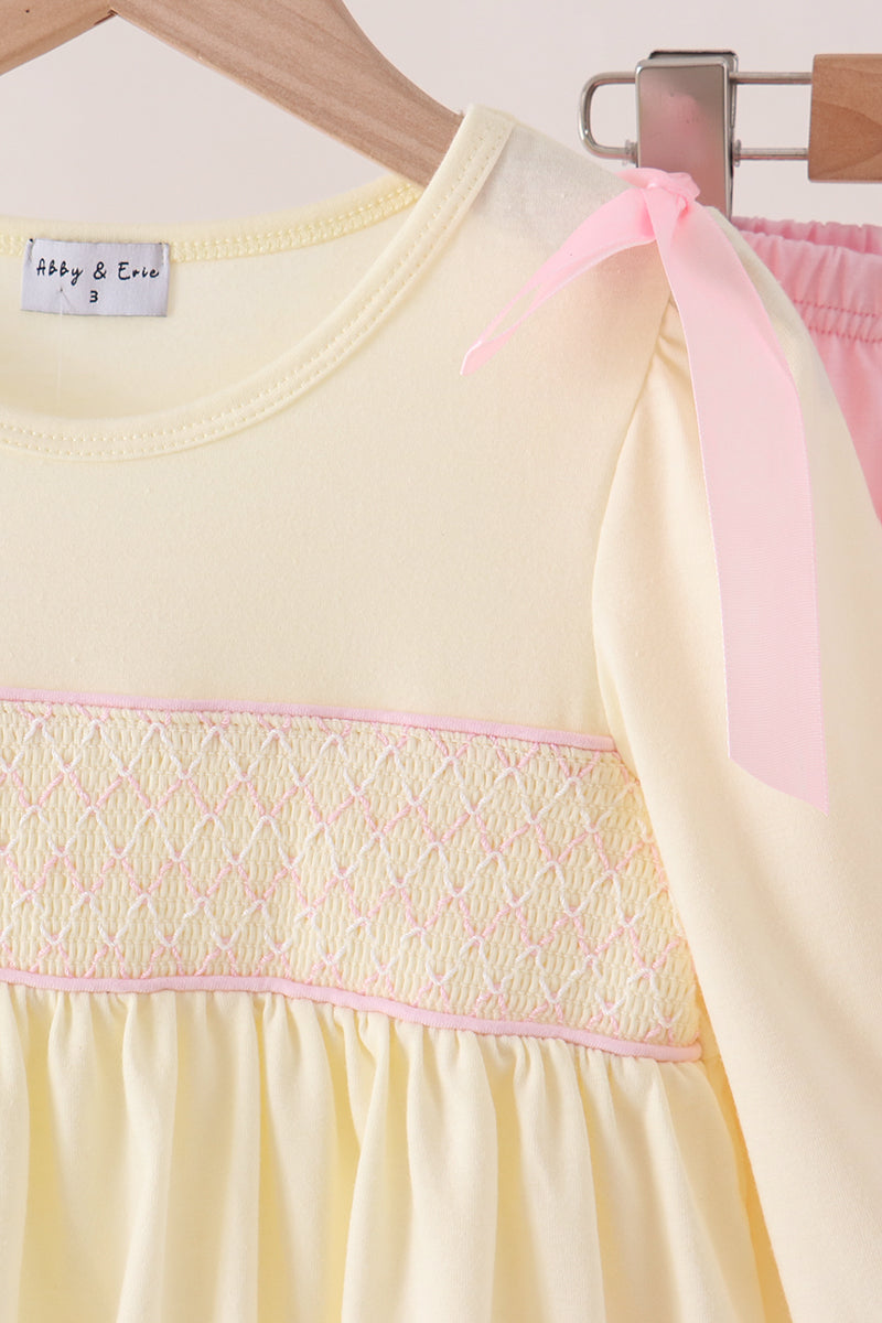 Cream smocked bow pants set