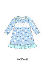 Blue goose bow embroidery ruffle dress