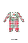 Green merry christmas embroidery plaid ruffle romper