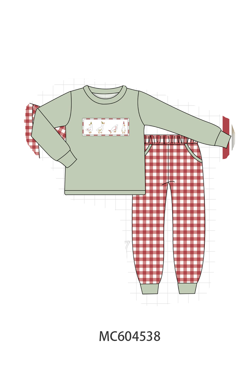 Sage goose embroidery gingham pants set