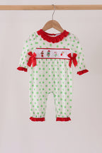 Green grinch embroidery ruffle dot romper