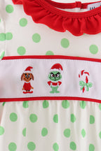 Green grinch embroidery ruffle dot romper