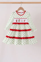 Green dot grinch embroidery ruffle tiered dress