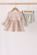Brown turkey embroidery gingham bloomer set