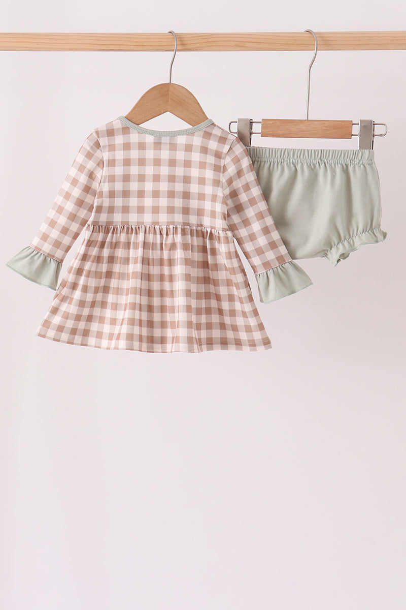 Brown turkey embroidery gingham bloomer set