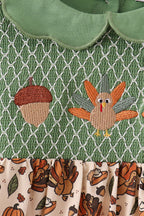 Green pumpkin turkey smocked dress