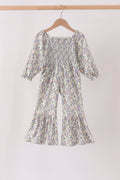 Blue floral smocked jumpsuit