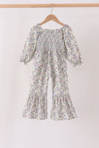 Blue floral smocked jumpsuit