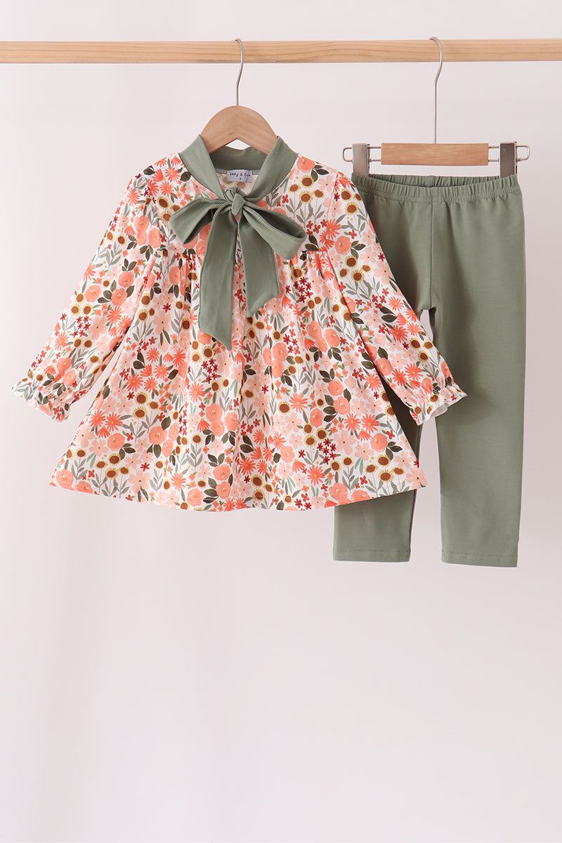 Green floral bow pants set