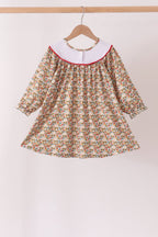 Brown Floral Cow Embroidery Dress