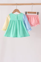 Colorblock character applique ruffle bloomer set