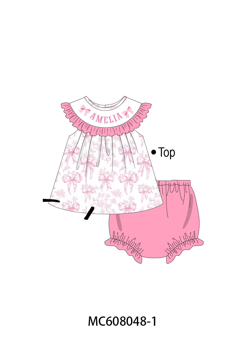 PO101 Pink bow monogram embroidery ruffle collection