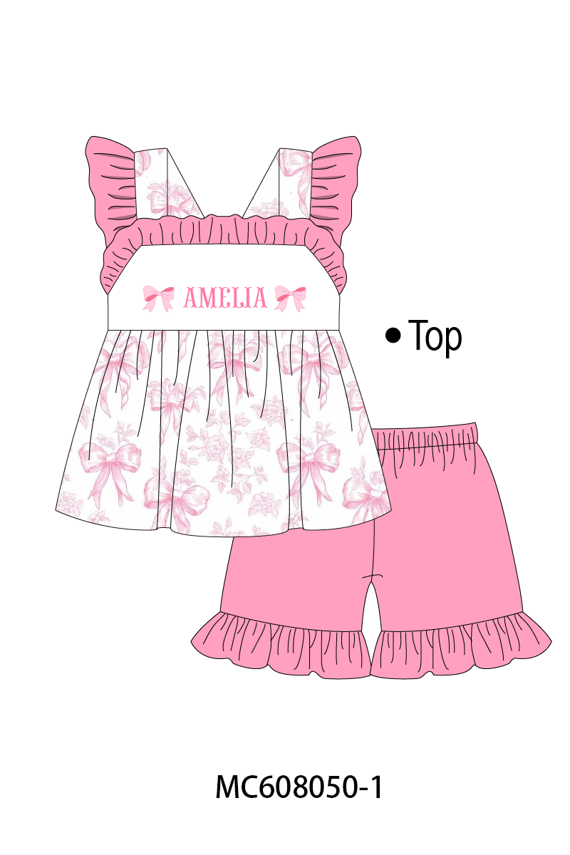 PO101 Pink bow monogram embroidery ruffle collection