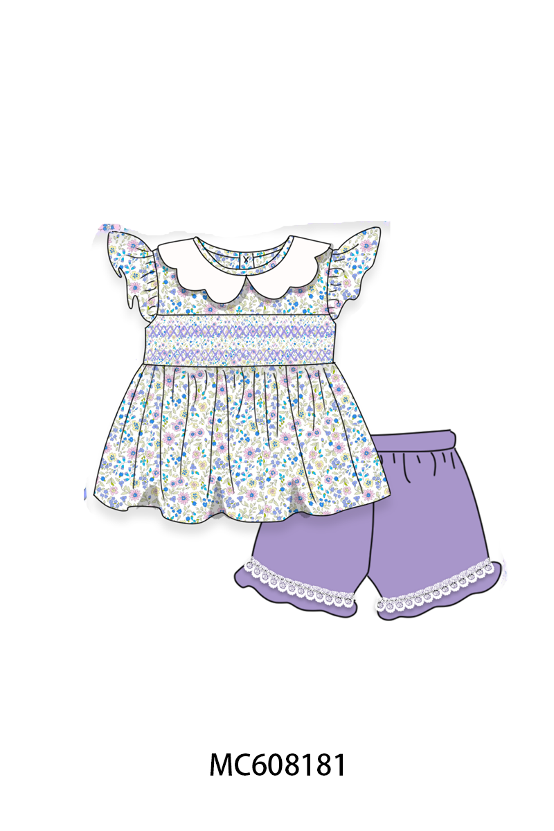 PO101 Purple floral smocked ruffle collection