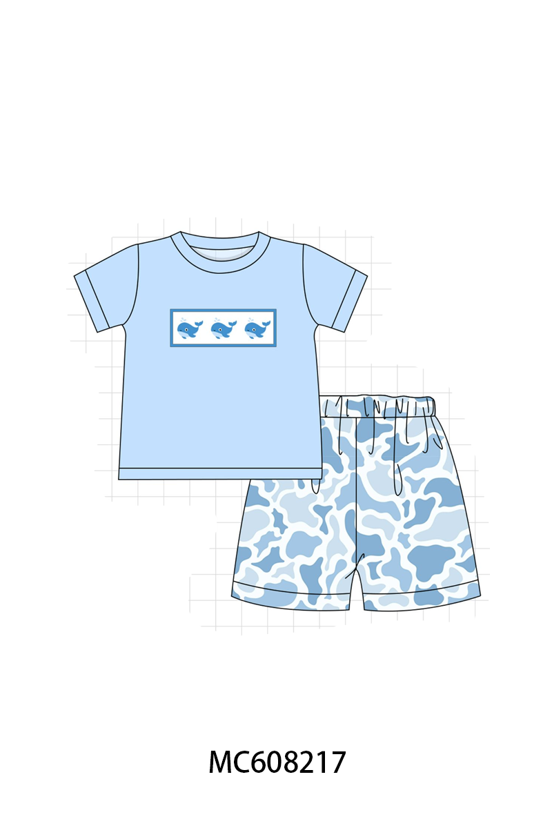 PO101 Blue camouflage whale embroidery ruffle collection