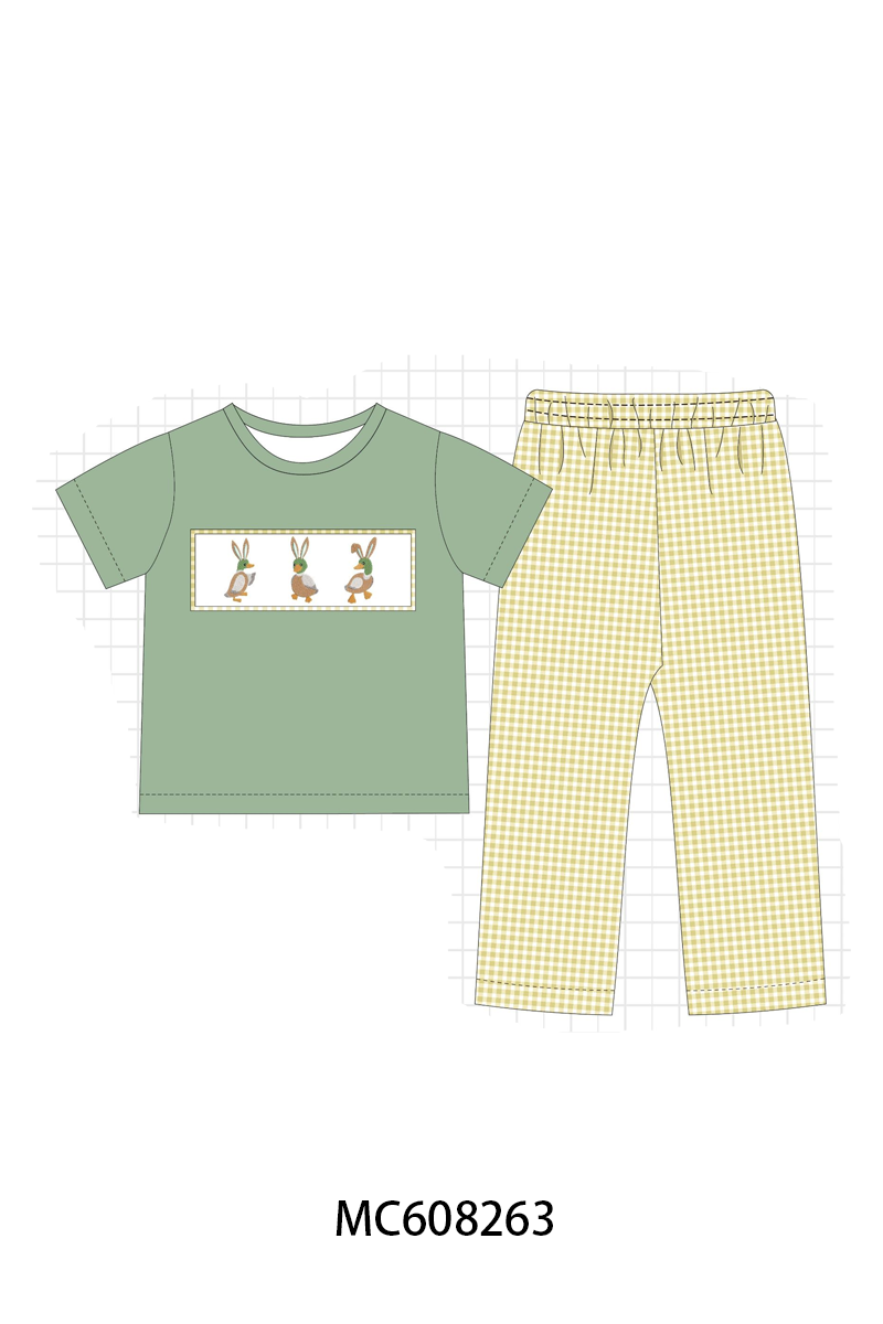 PO101 Green bunny mallard embroidery gingham collection