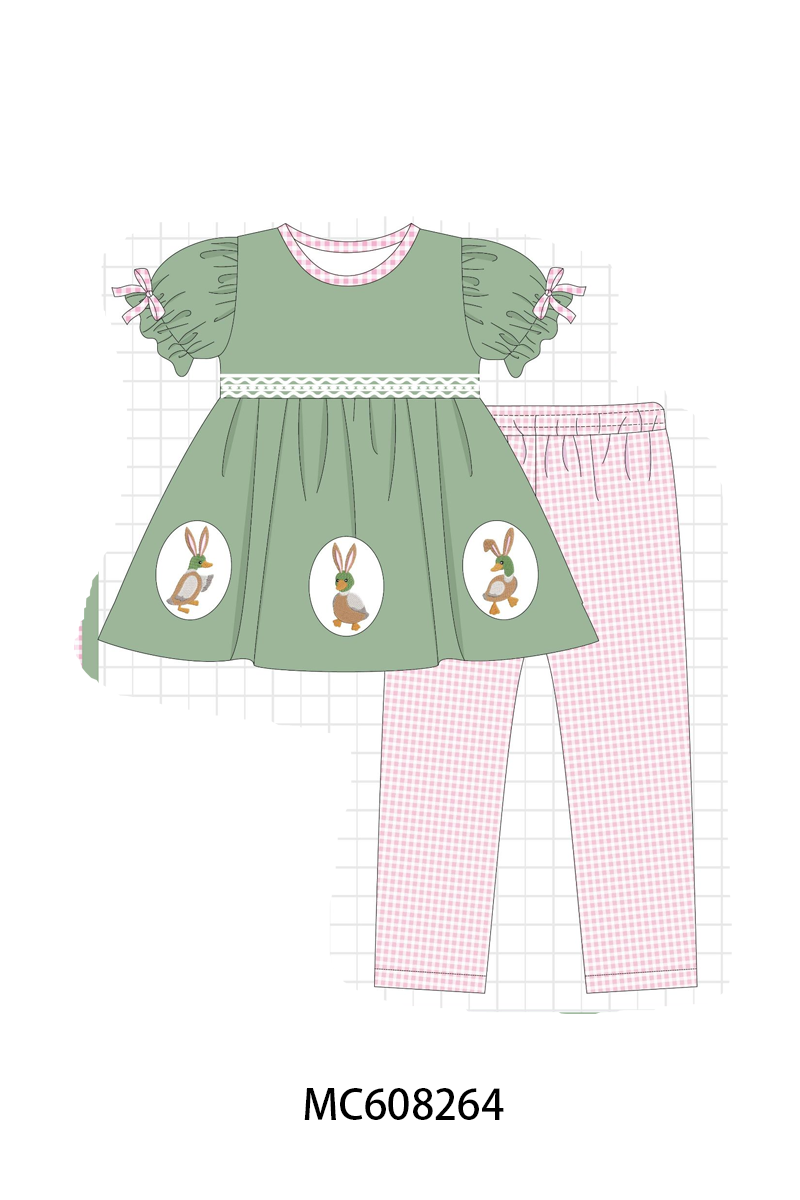 PO101 Green bunny mallard embroidery gingham collection