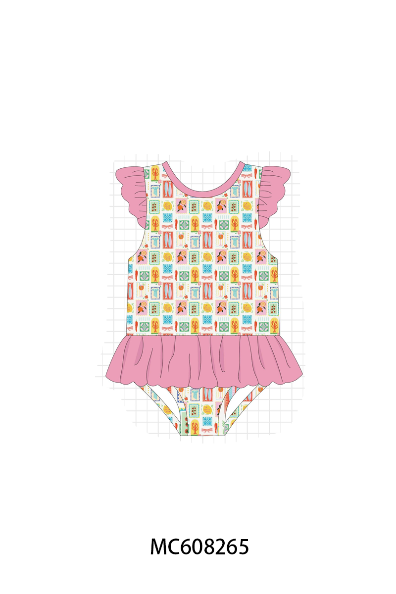 PO101 Pink checkered patchwork ruffle swimsuit collection