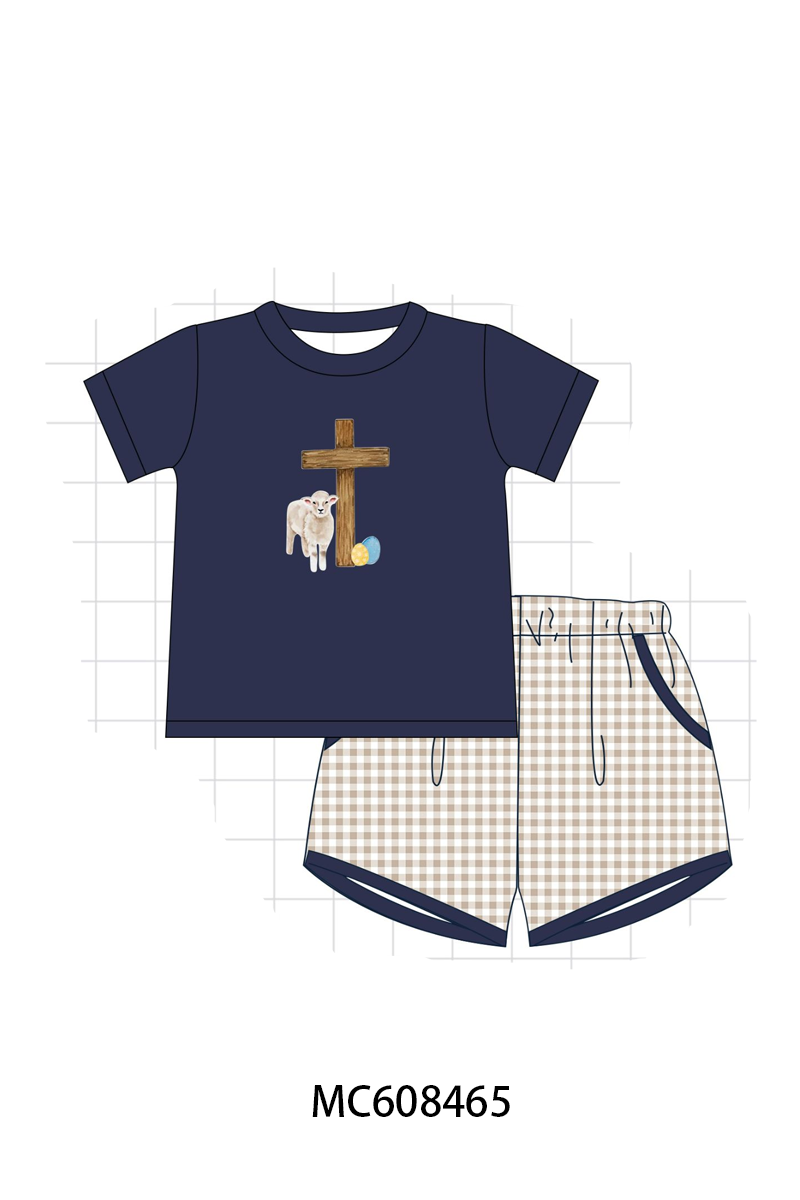 PO101 Navy easter cross egg embroidery gingham collection