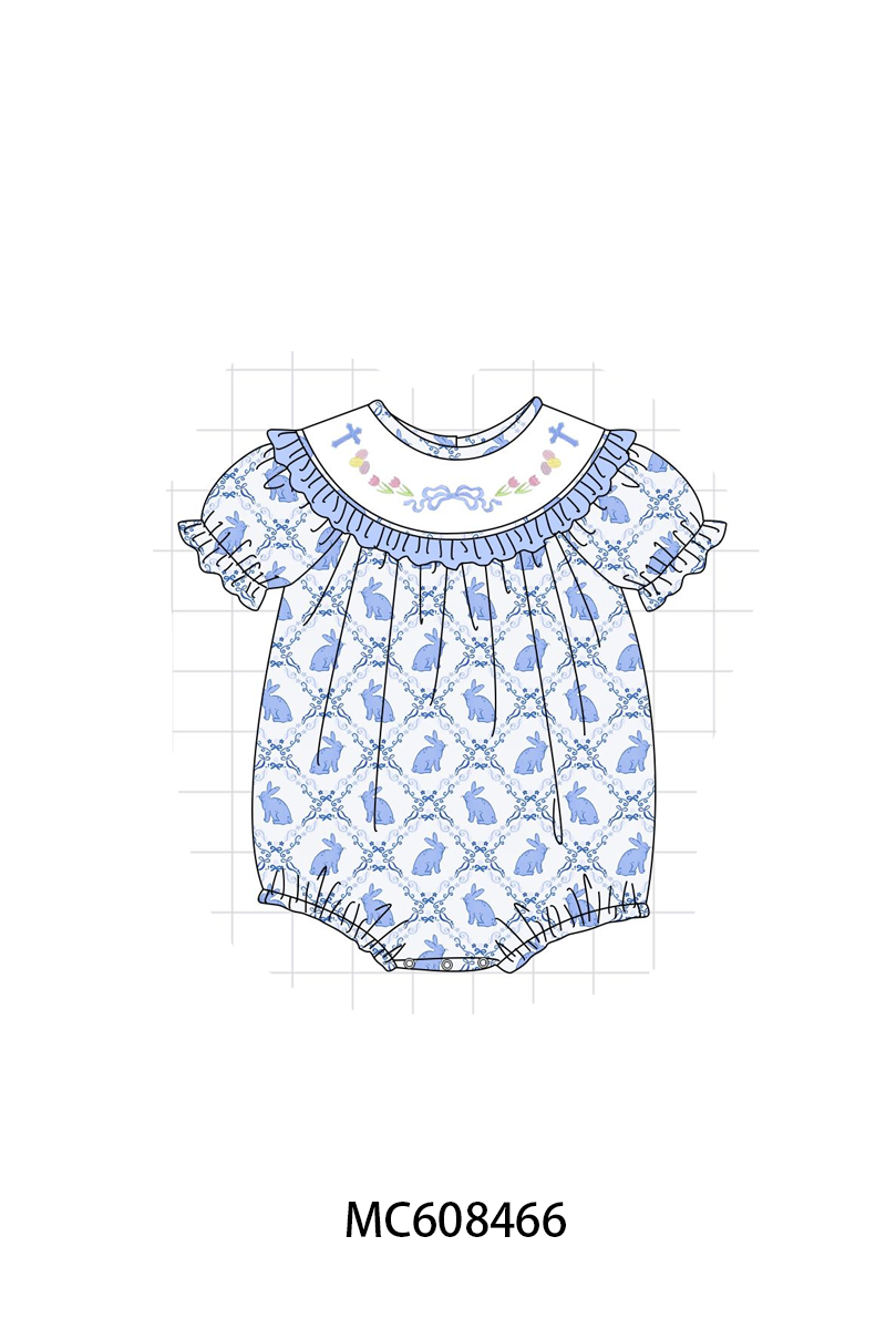 PO101 Blue easter bunny bow embroidery gingham collection