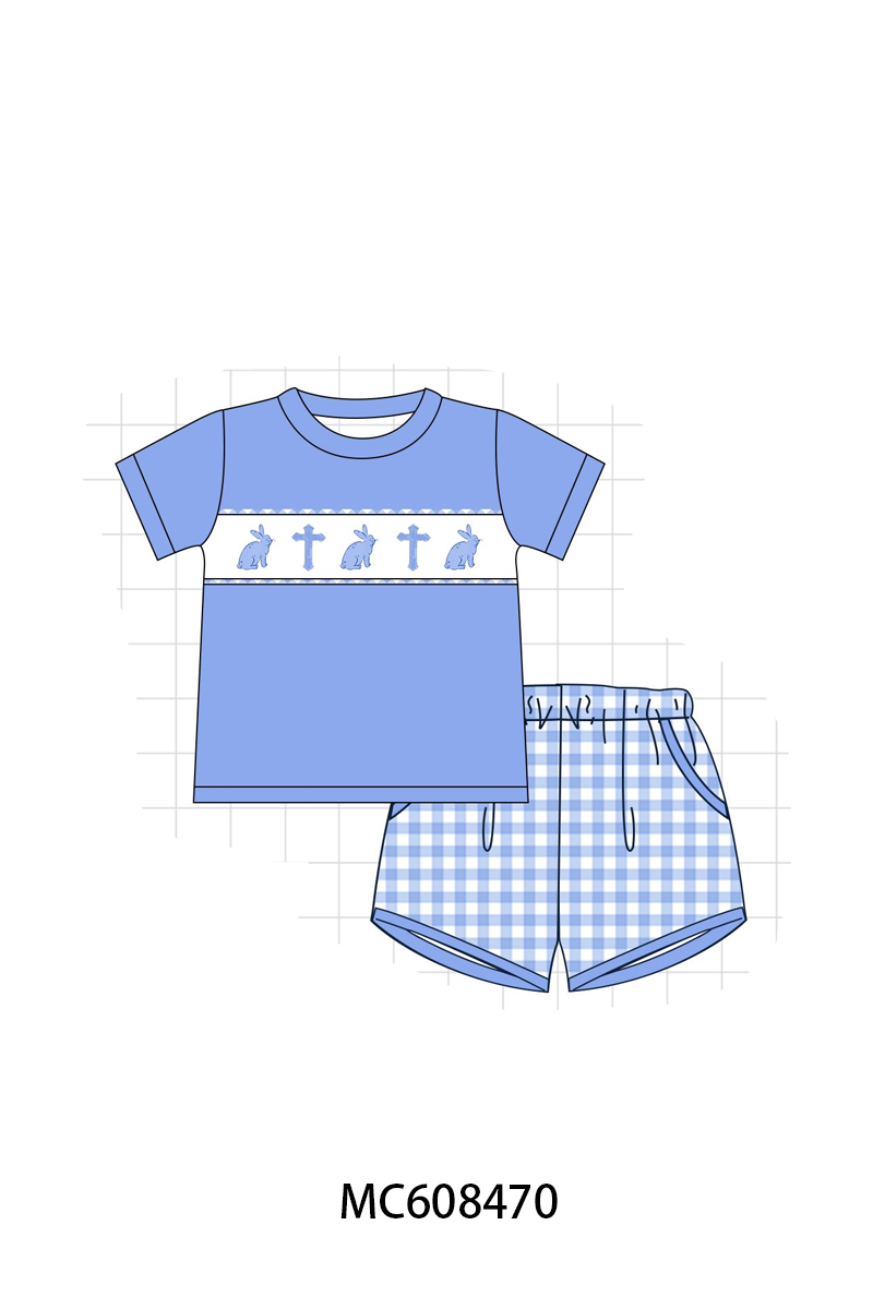 PO101 Blue easter bunny bow embroidery gingham collection