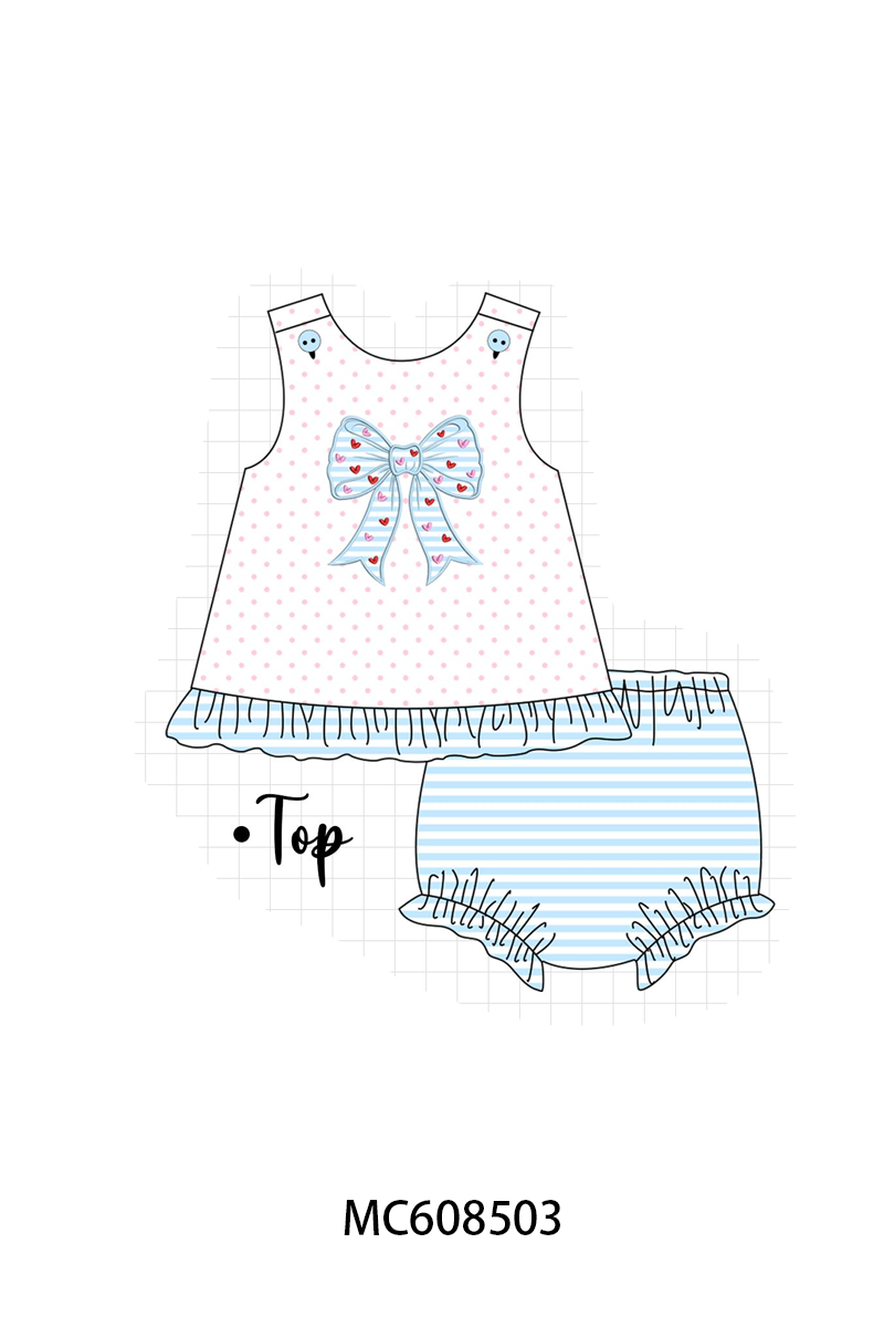 PO101 Blue bow applique dot ruffle collection