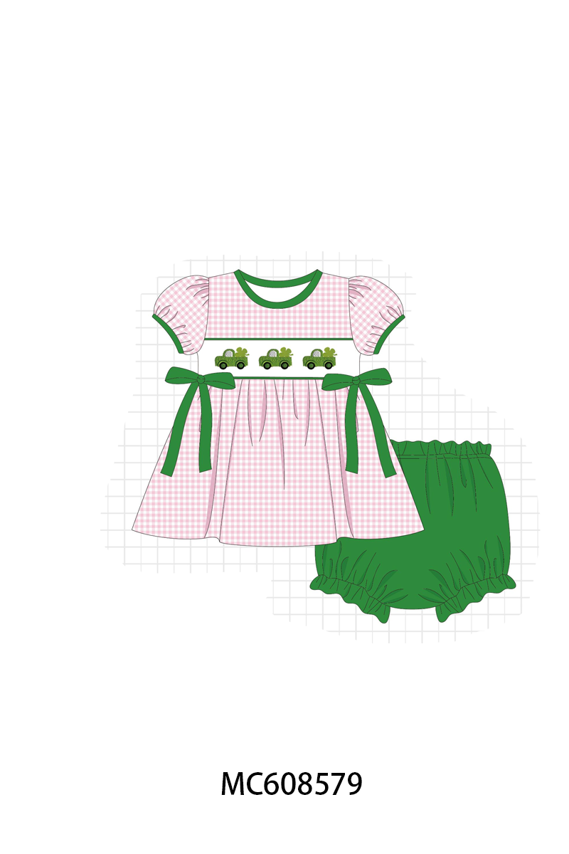 PO101 Pink&sage truck clover embroidery gingham collection