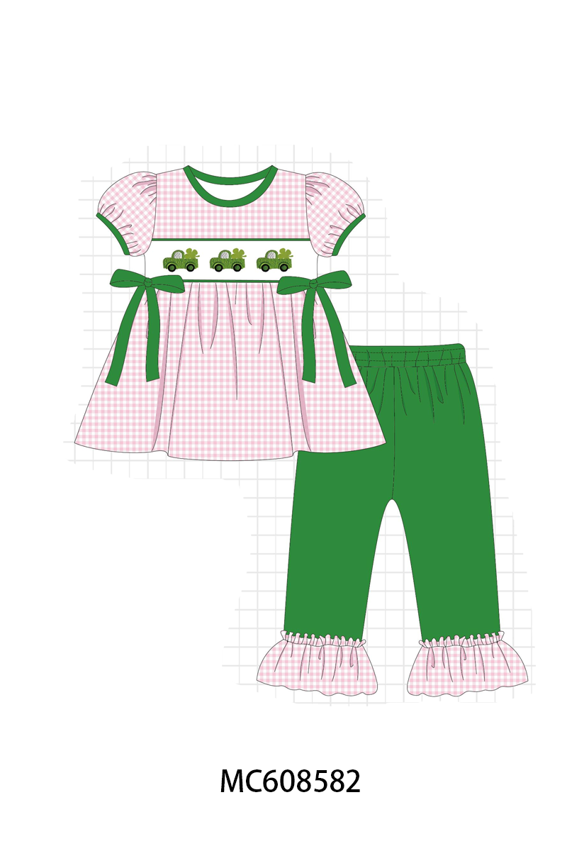 PO101 Pink&sage truck clover embroidery gingham collection