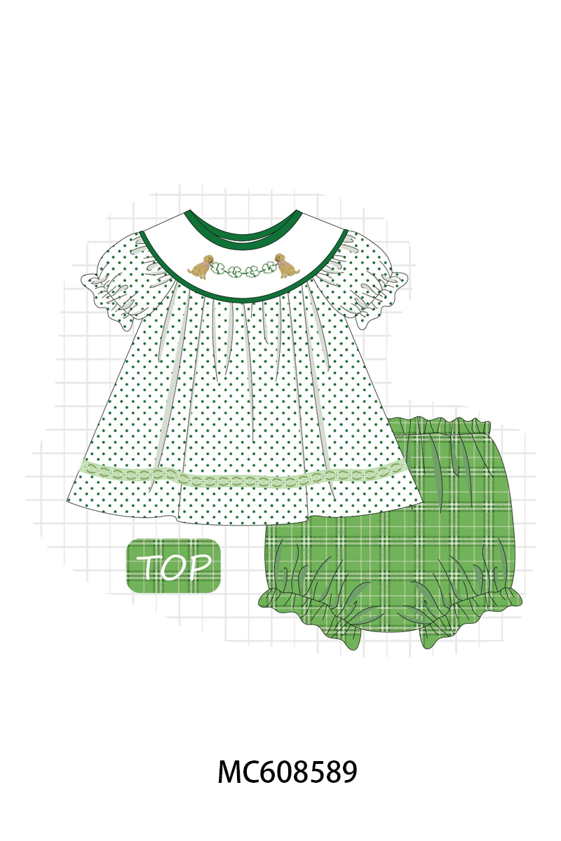 PO101 Green St. Patricks Day puppy clover embroidery plaid collection