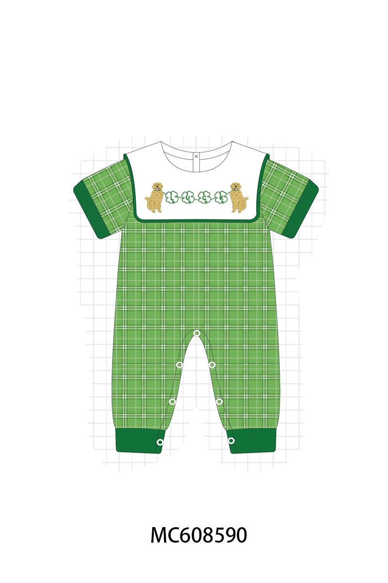 PO101 Green St. Patricks Day puppy clover embroidery plaid collection